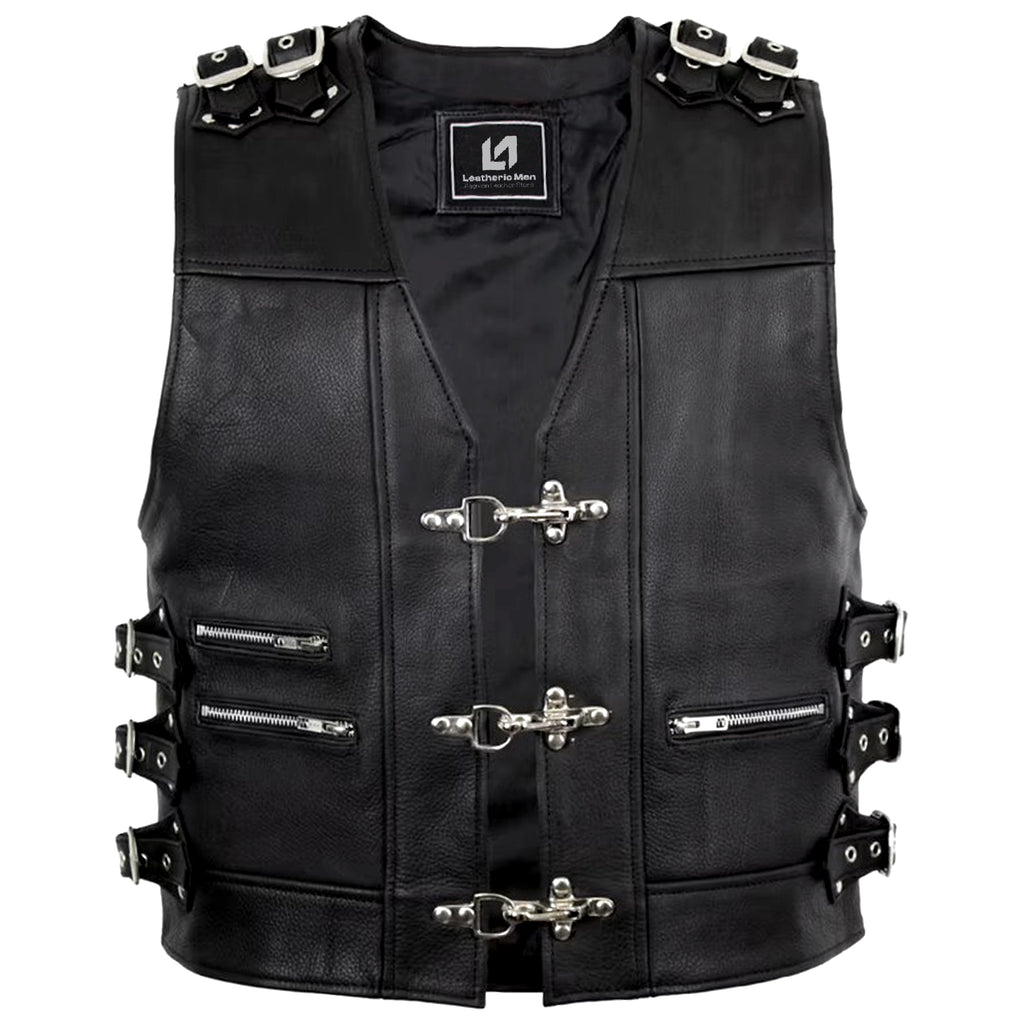 Biker Buckle Leather Vest in Black MDM9031