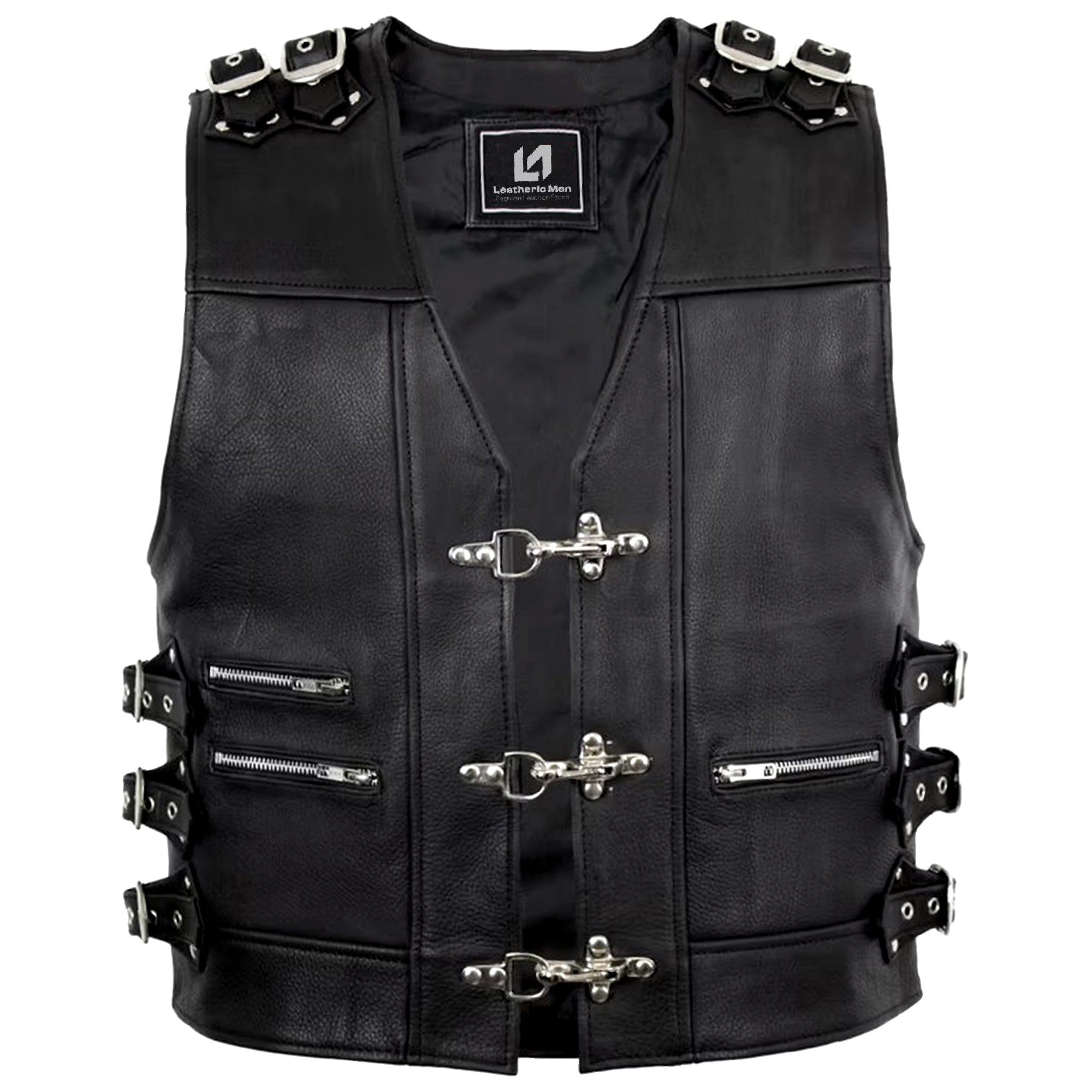 Biker Buckle Leather Vest in Black MDM9031