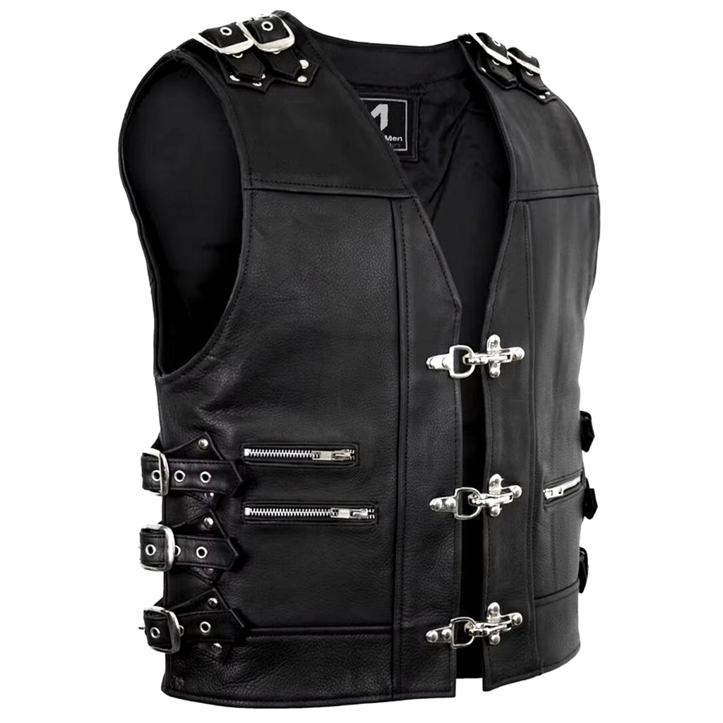 Biker Buckle Leather Vest in Black MDM9031