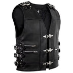 Biker Buckle Leather Vest in Black MDM9031