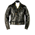 Black biker leather jacket on a mannequin against a white background
