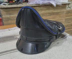 Black Leather Biker Cap with Blue Piping