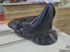 Black Leather Biker Cap with Blue Piping