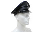 Black Leather Biker Cap with Blue Piping