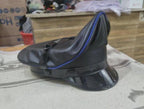 Black Leather Biker Cap with Blue Piping
