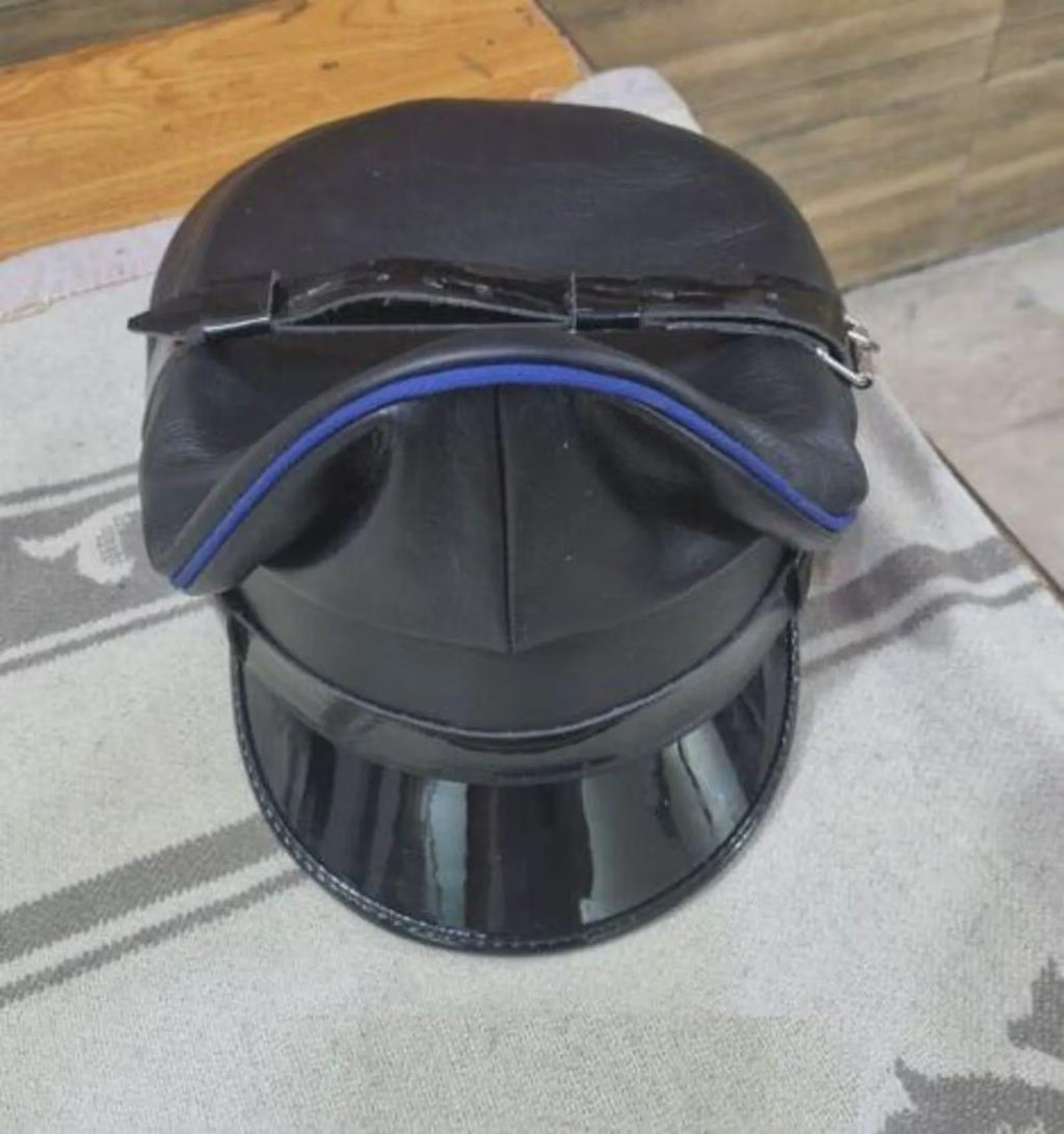 genuine leather biker cap black and blue close-up of piping and brim