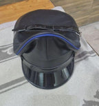 Black Leather Biker Cap with Blue Piping
