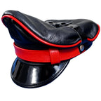 Black Leather Biker Muir Cap with Red Stripe