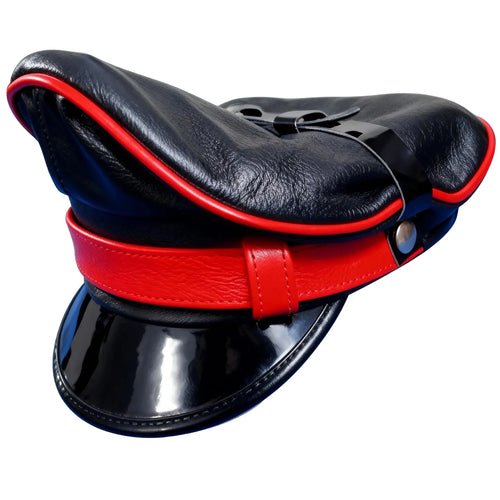 Black Leather Biker Muir Cap with Red Stripe