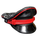 Black Leather Biker Muir Cap with Red Stripe