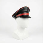 Black Leather Biker Muir Cap with Red Stripe