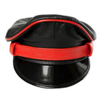 Black Leather Biker Muir Cap with Red Stripe