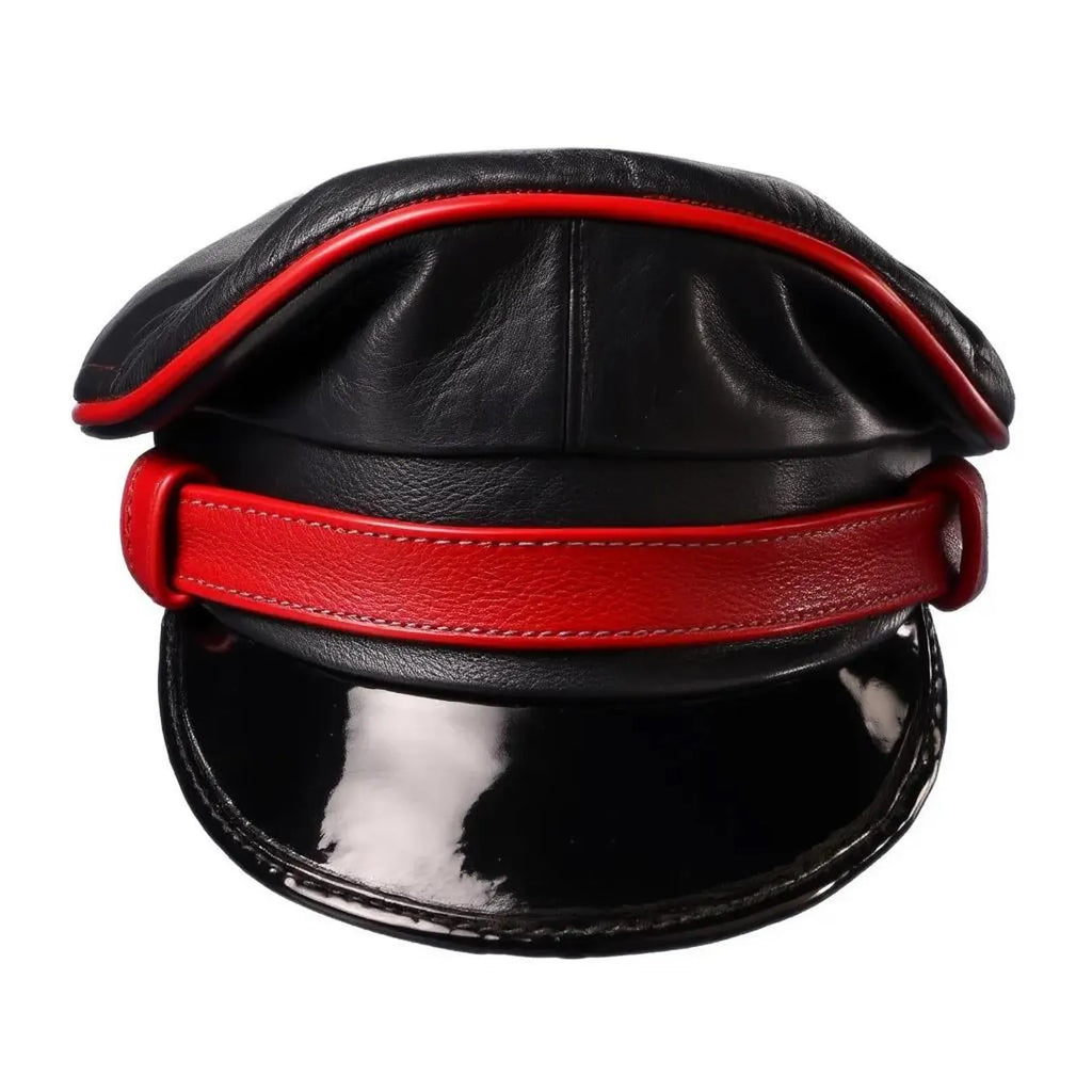Black Leather Biker Muir Cap with Red Stripe