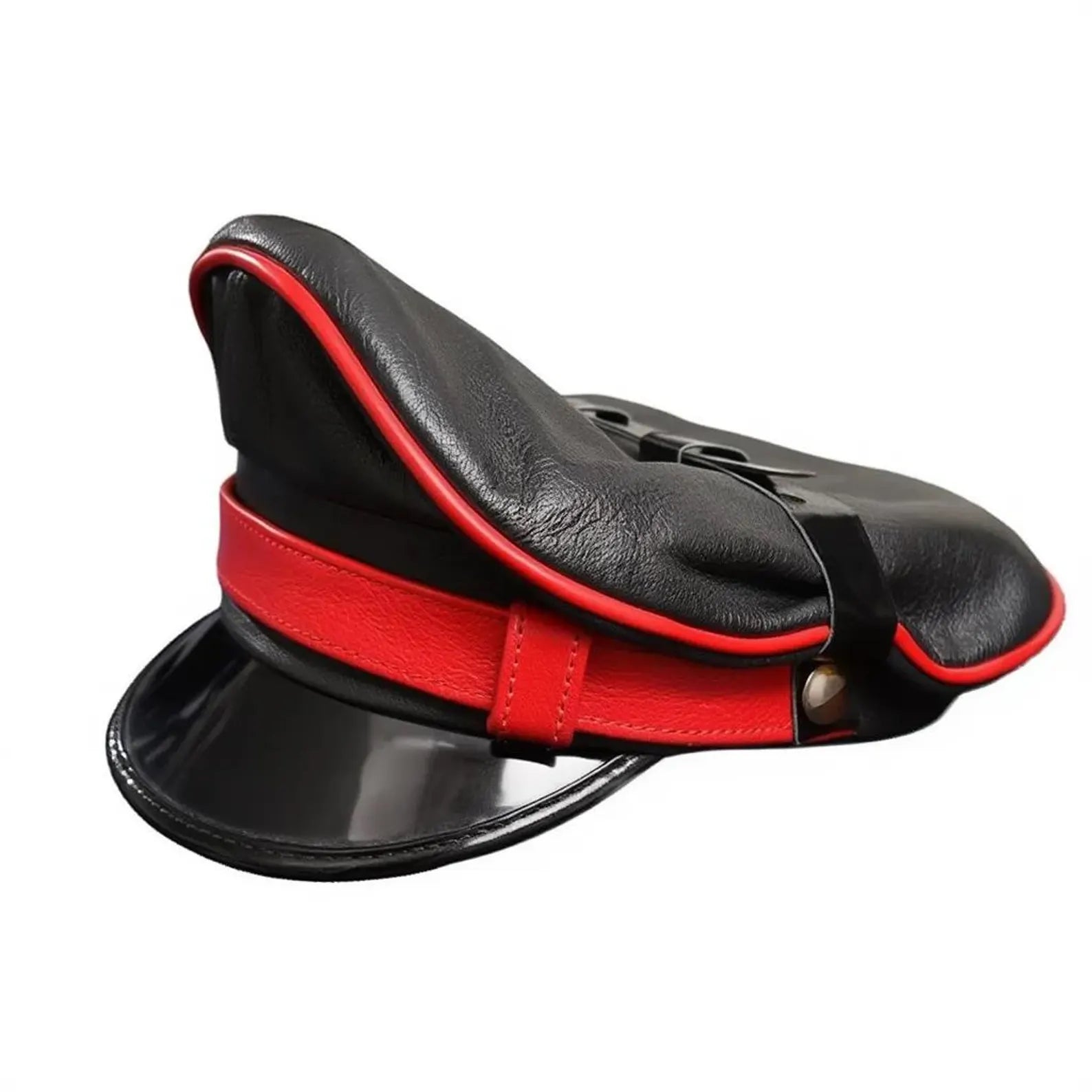 Black Leather Biker Muir Cap with Red Stripe