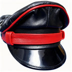 Black Leather Biker Muir Cap with Red Stripe