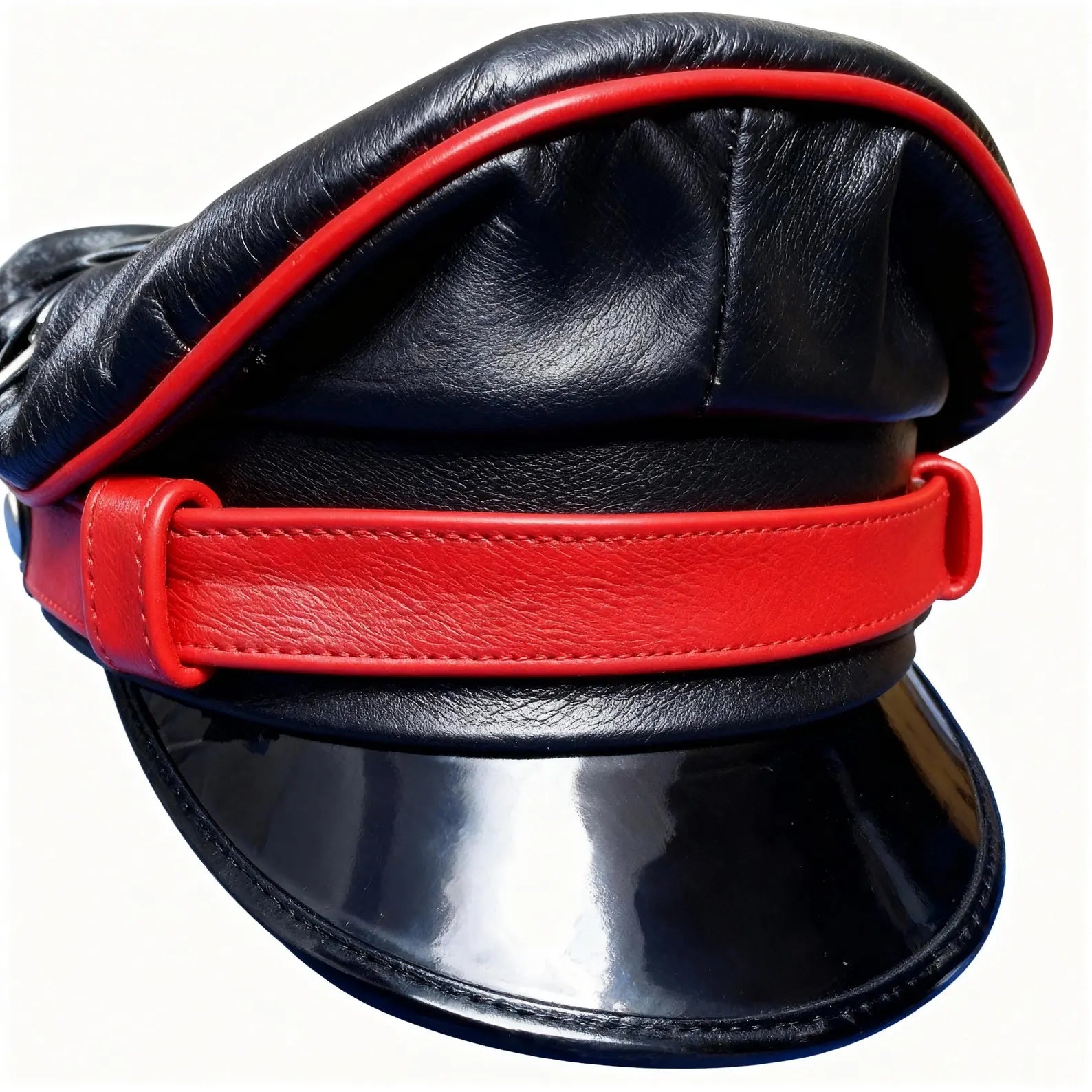 Black Leather Biker Muir Cap with Red Stripe