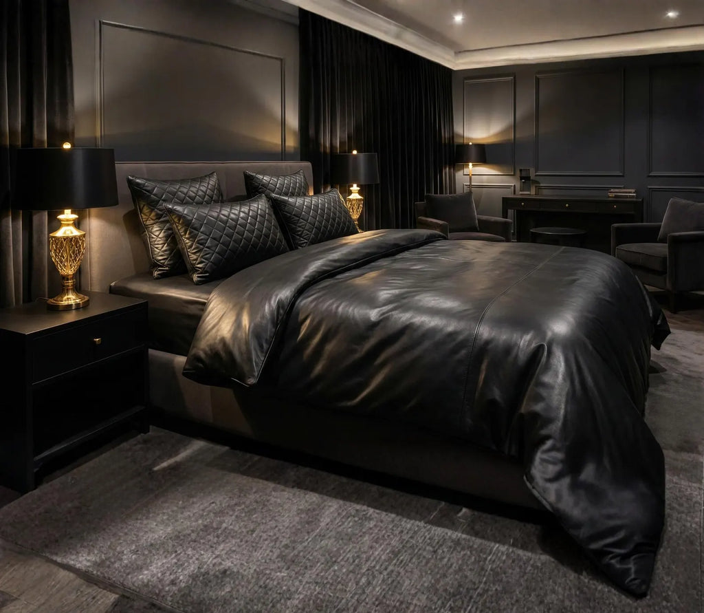 black leather gothic bed sheet set with quilted pillow covers