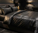 Black Leather Gothic Bed Sheet Set With Quilted Pillow Covers