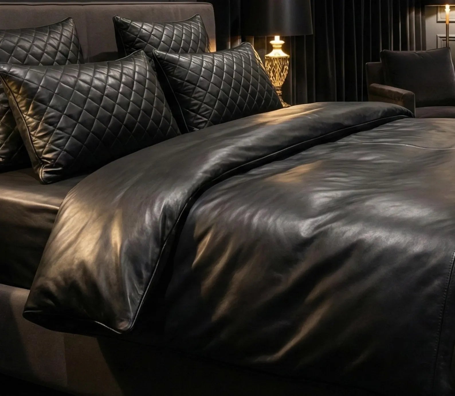 Black Leather Gothic Bed Sheet Set With Quilted Pillow Covers