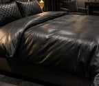 Black Leather Gothic Bed Sheet Set With Quilted Pillow Covers