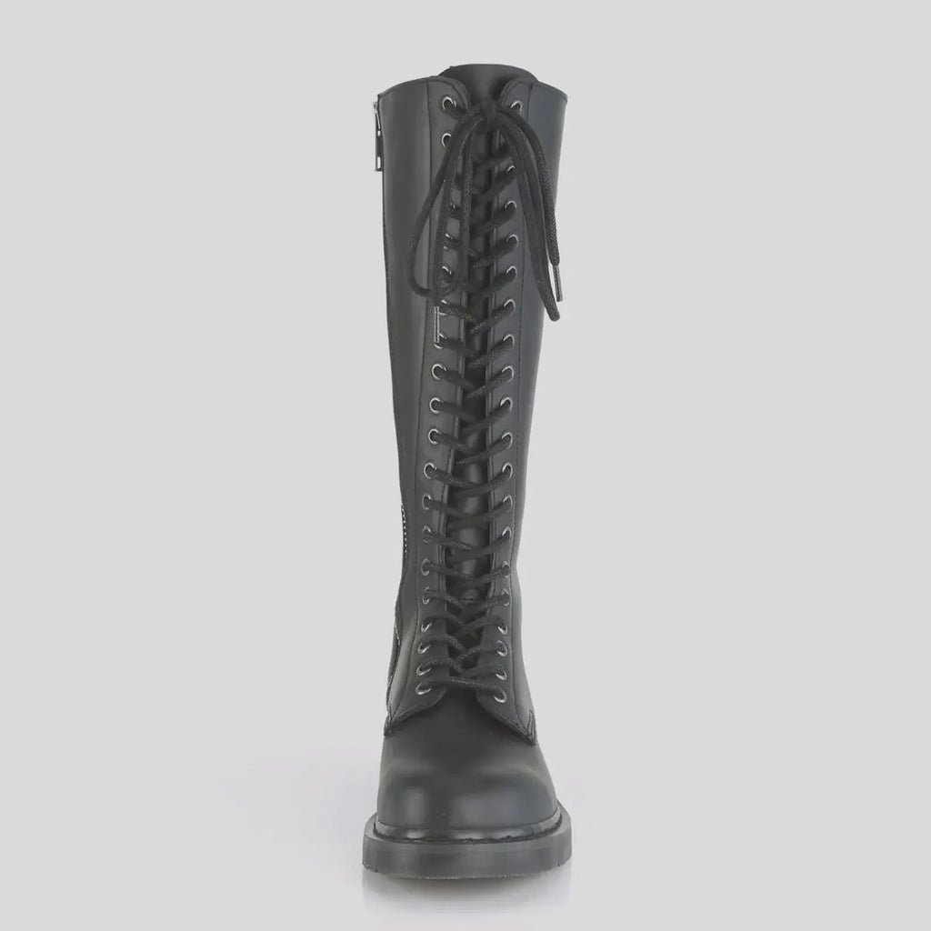 Black knee-high combat boot with lace-up design on a light gray background