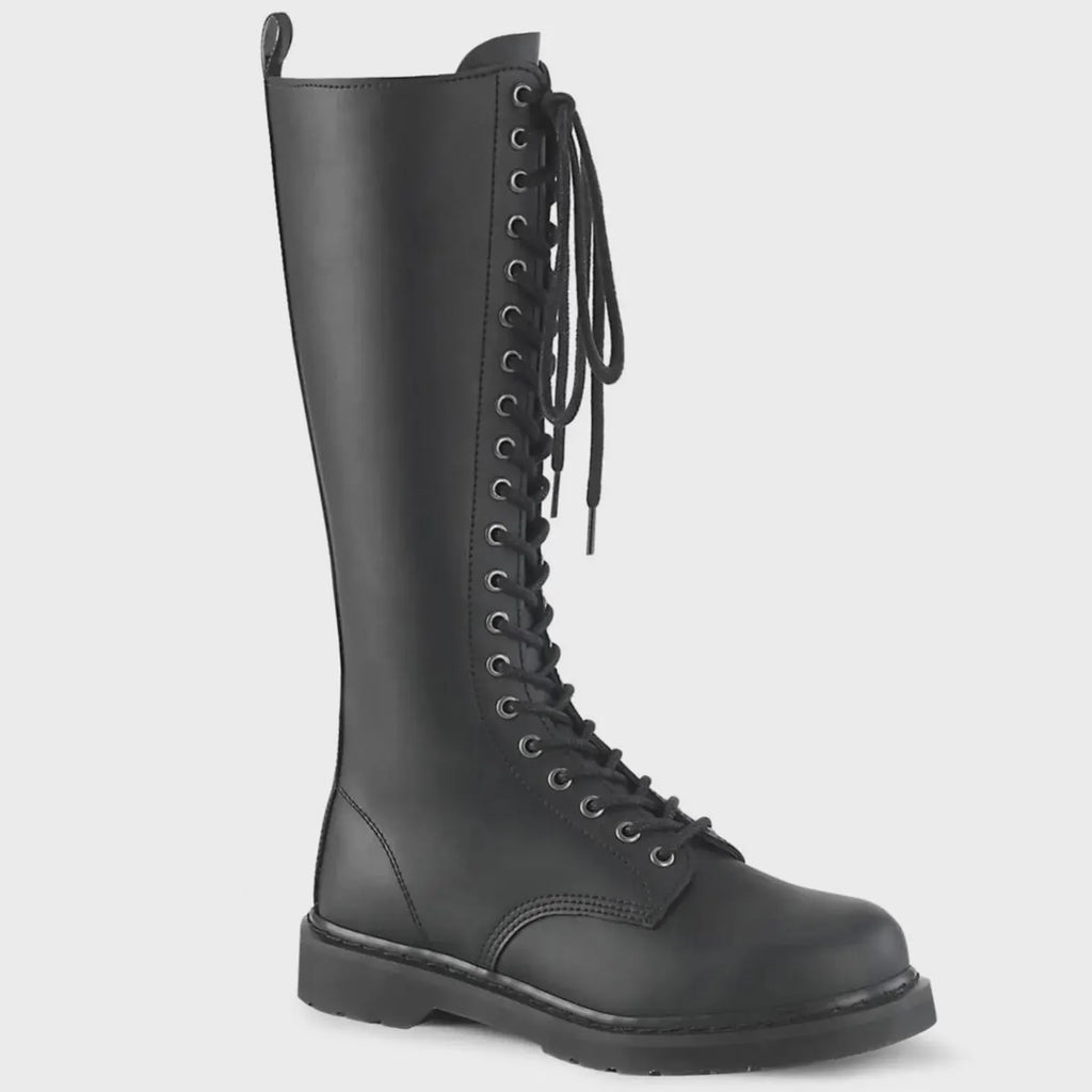 Black leather knee-high combat boot with laces on a light gray background