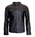 Black leather full sleeve jacket with button details on a white background