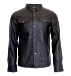 Black leather full sleeve jacket with button details on a white background