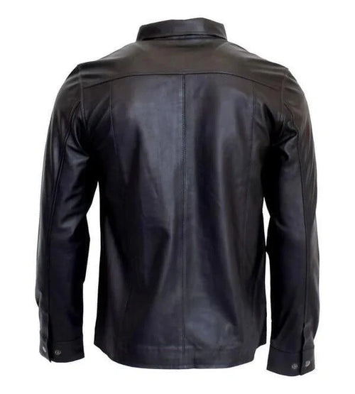 Black leather full sleeve jacket shown from the back on a white background