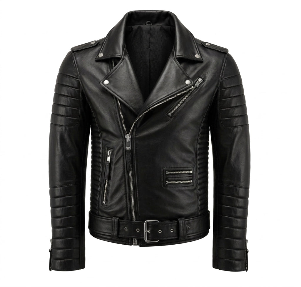 Black leather biker jacket with zippers and buttons on a white background