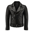 Black leather biker jacket with zippers and buttons on a white background