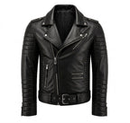 Black leather biker jacket with zippers and buttons on a white background