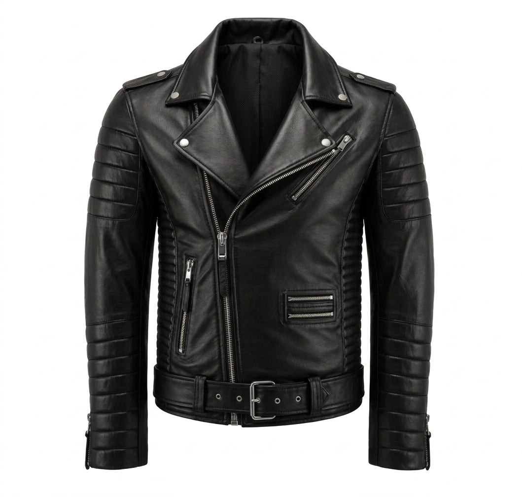 Black leather biker jacket with zippers and buttons on a white background