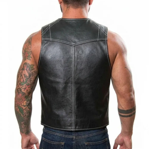 Black Quilted Leather Bar Vest for Men | Biker Style Leather Vest