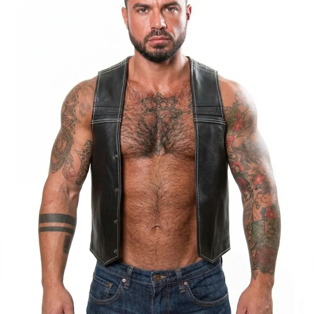 Black Quilted Leather Bar Vest for Men | Biker Style Leather Vest