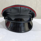 Black Sheepskin Leather Peaked Cap with Red Piping