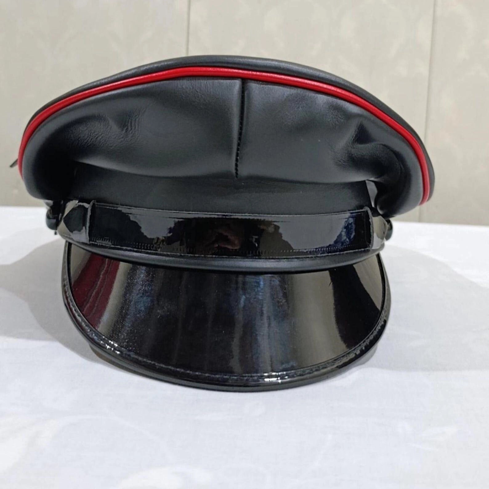 Black Sheepskin Leather Peaked Cap with Red Piping