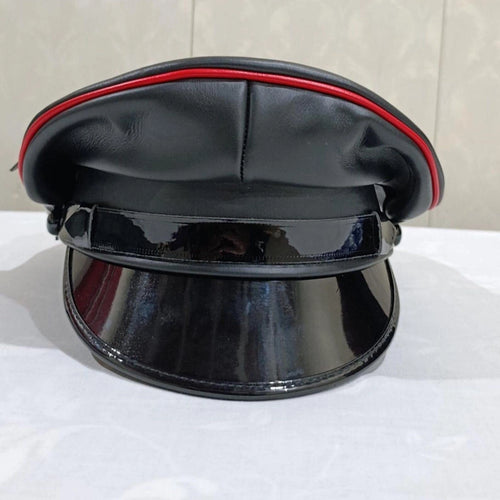 Black Sheepskin Leather Peaked Cap with Red Piping