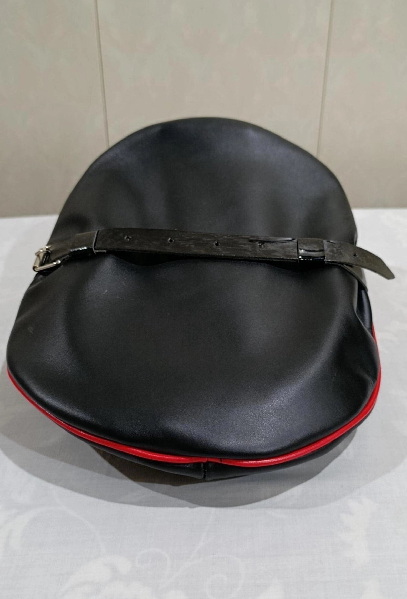 Black Sheepskin Leather Peaked Cap with Red Piping