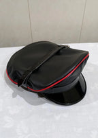 Black Sheepskin Leather Peaked Cap with Red Piping