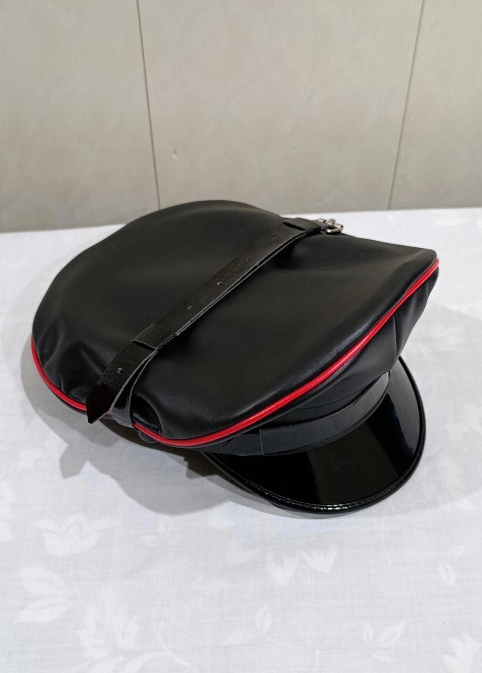Black Sheepskin Leather Peaked Cap with Red Piping