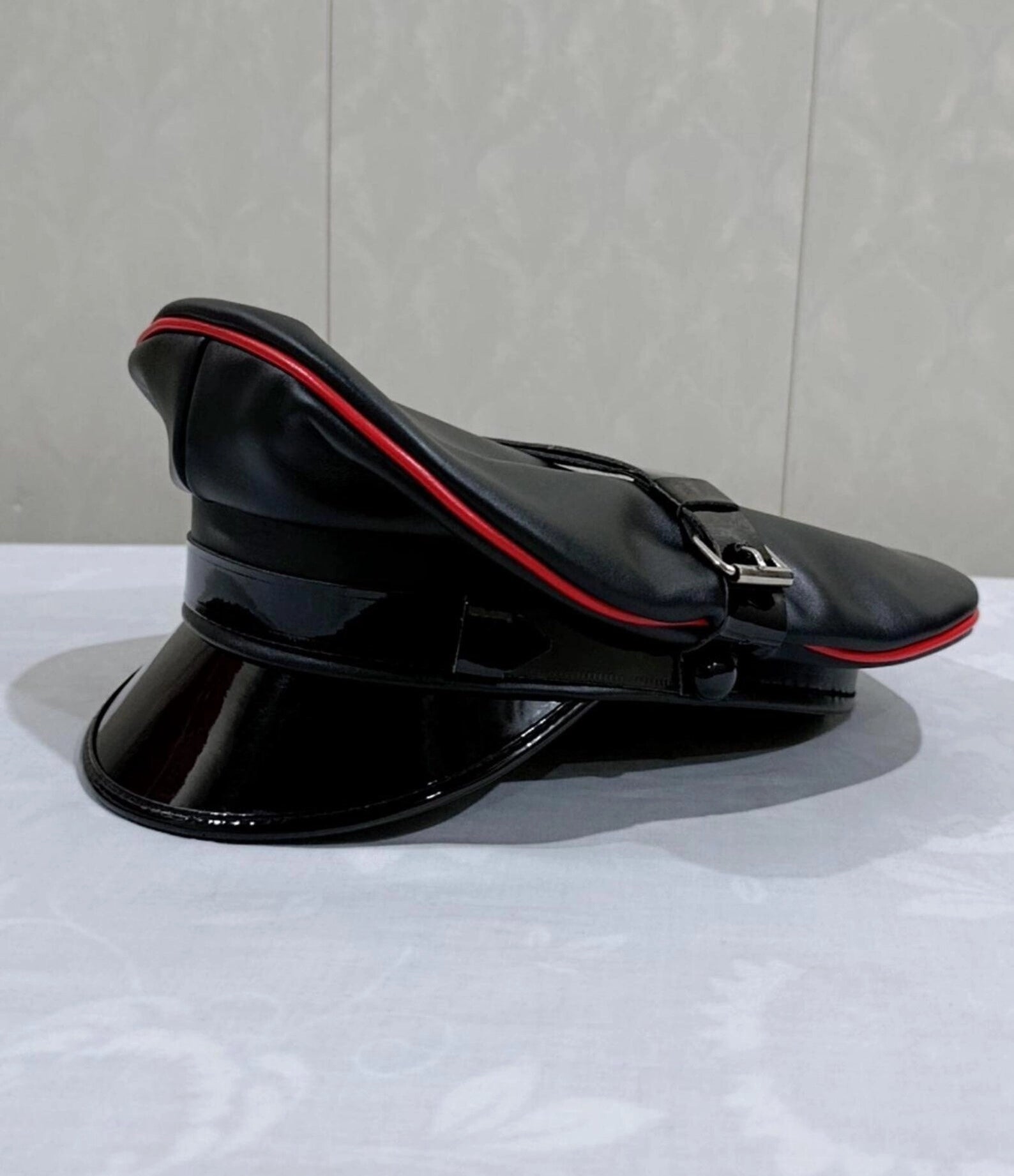 Black Sheepskin Leather Peaked Cap with Red Piping