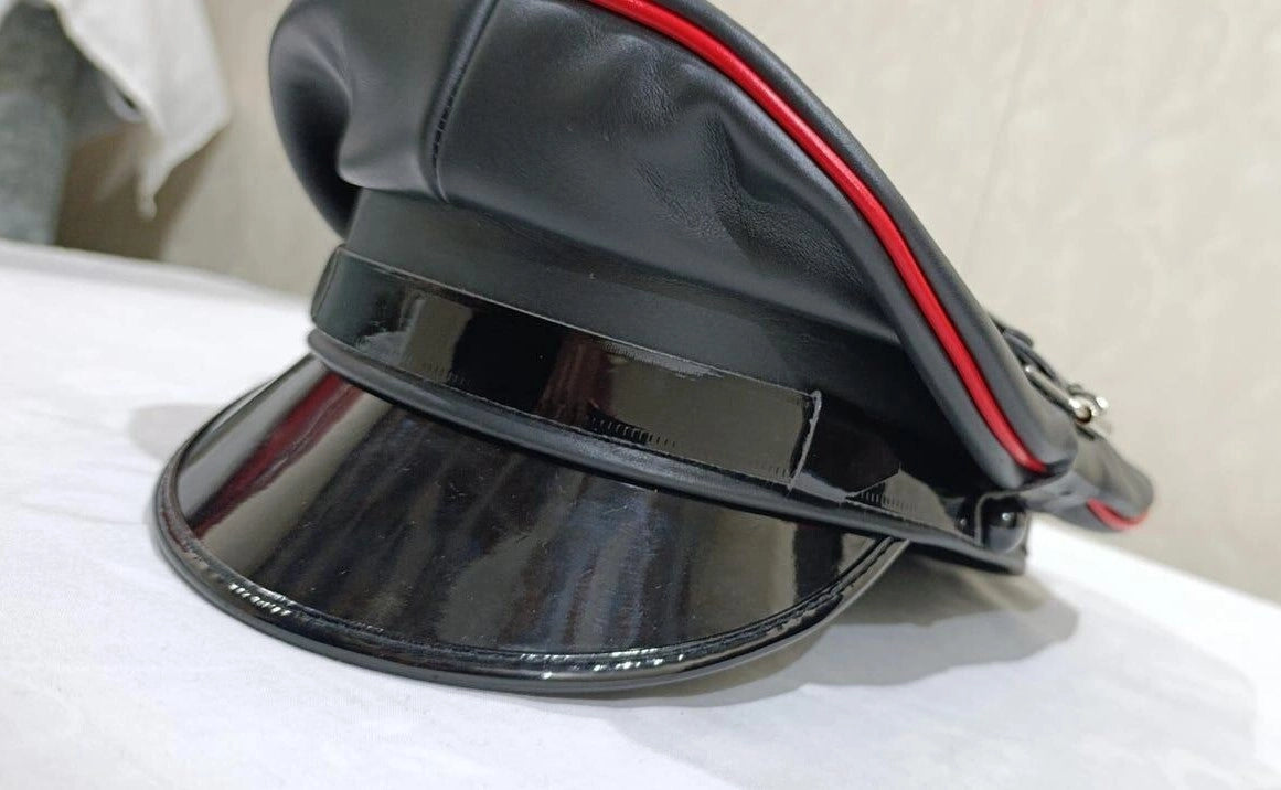 Black Sheepskin Leather Peaked Cap with Red Piping