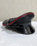 Black Sheepskin Leather Peaked Cap with Red Piping