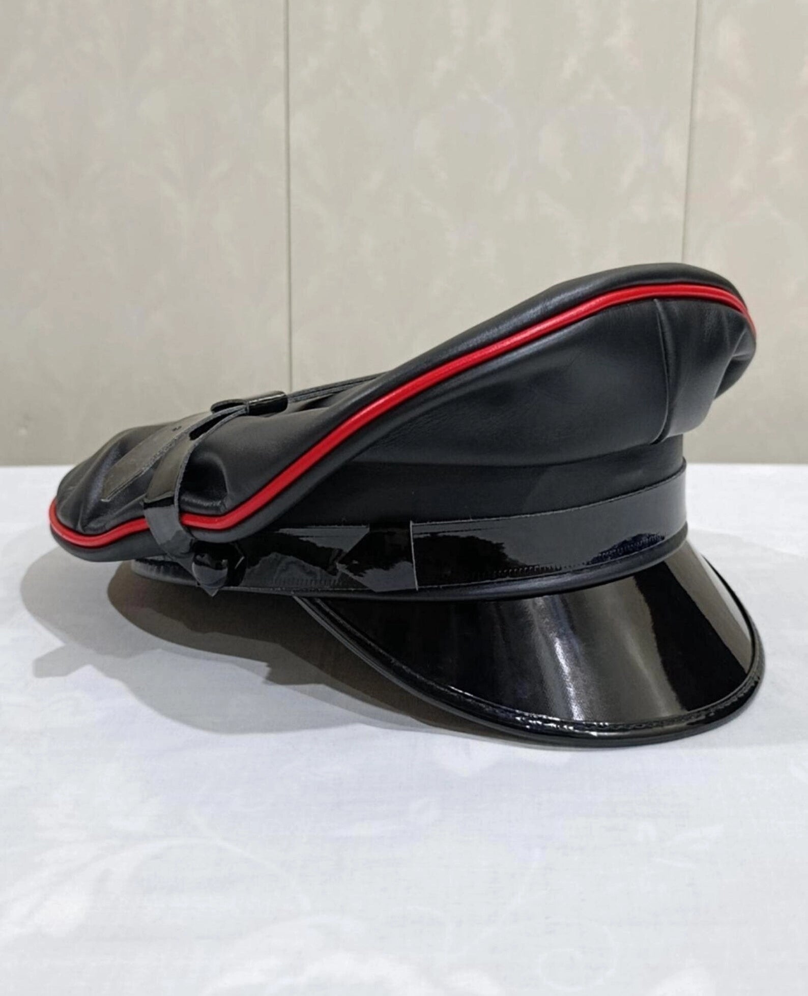 Black Sheepskin Leather Peaked Cap with Red Piping