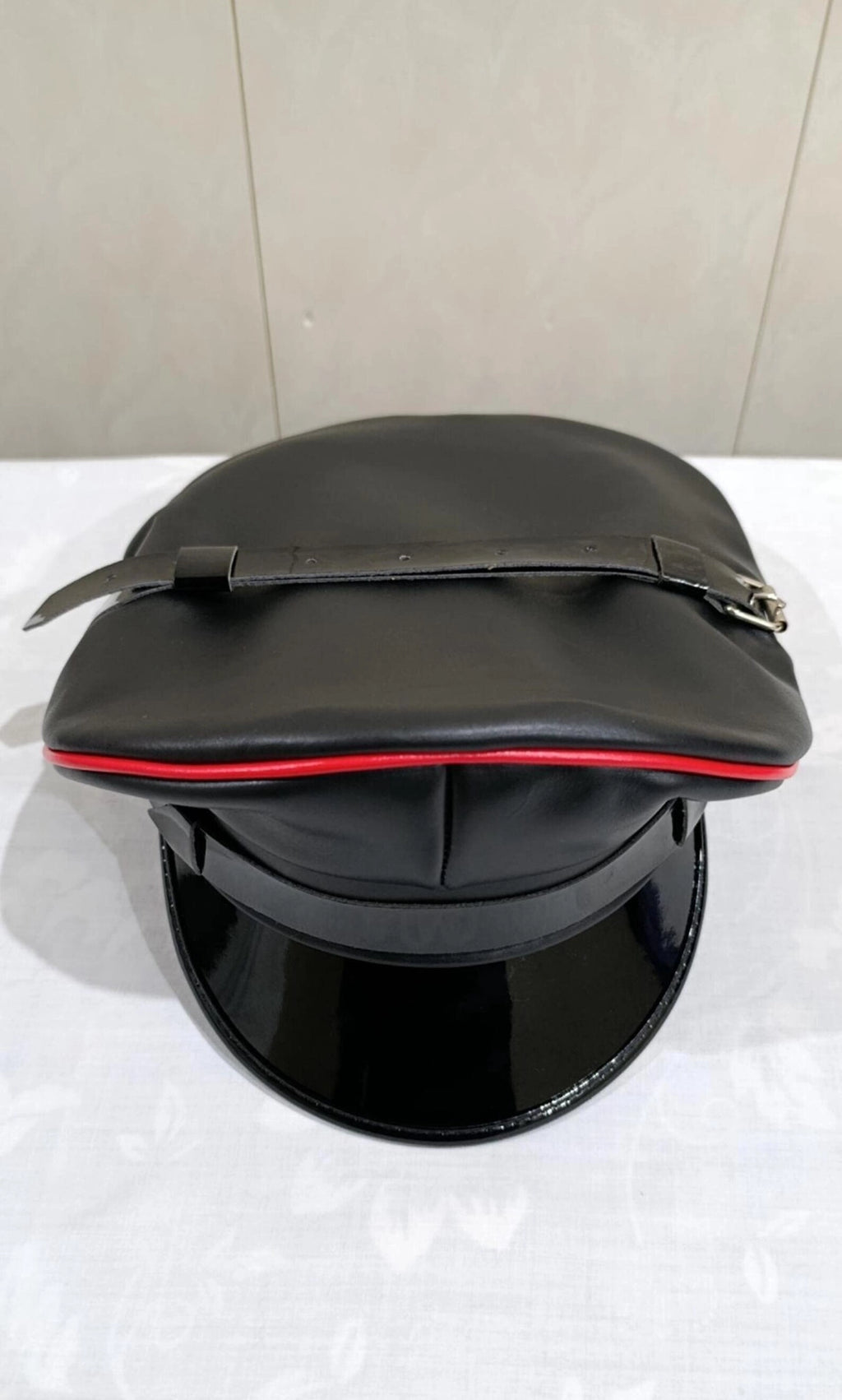Black Sheepskin Leather Peaked Cap with Red Piping