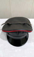 Black Sheepskin Leather Peaked Cap with Red Piping
