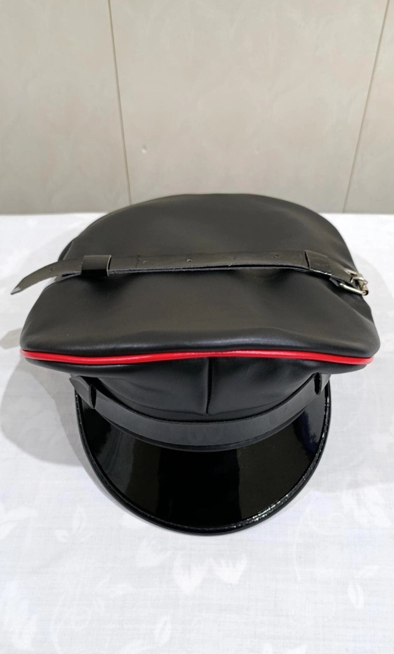 Black Sheepskin Leather Peaked Cap with Red Piping