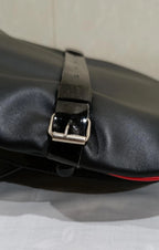 Black Sheepskin Leather Peaked Cap with Red Piping