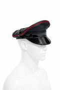 Black Sheepskin Leather Peaked Cap with Red Piping